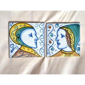 Caltagirone Pottery Set Of 2 Tiles 6" x 6" Signed Beautiful Colors Hand Painted